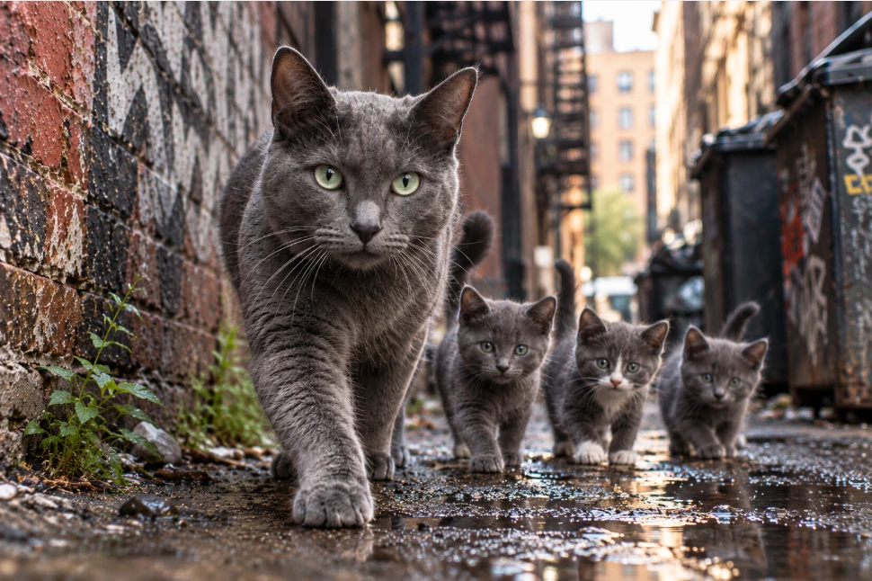 A gray community cat with green eyes walking through an urban alley with three kittens following